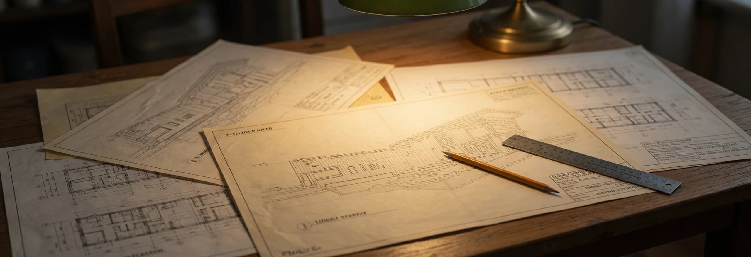 Rysunki projektu budowlanego domu na biurku architekta