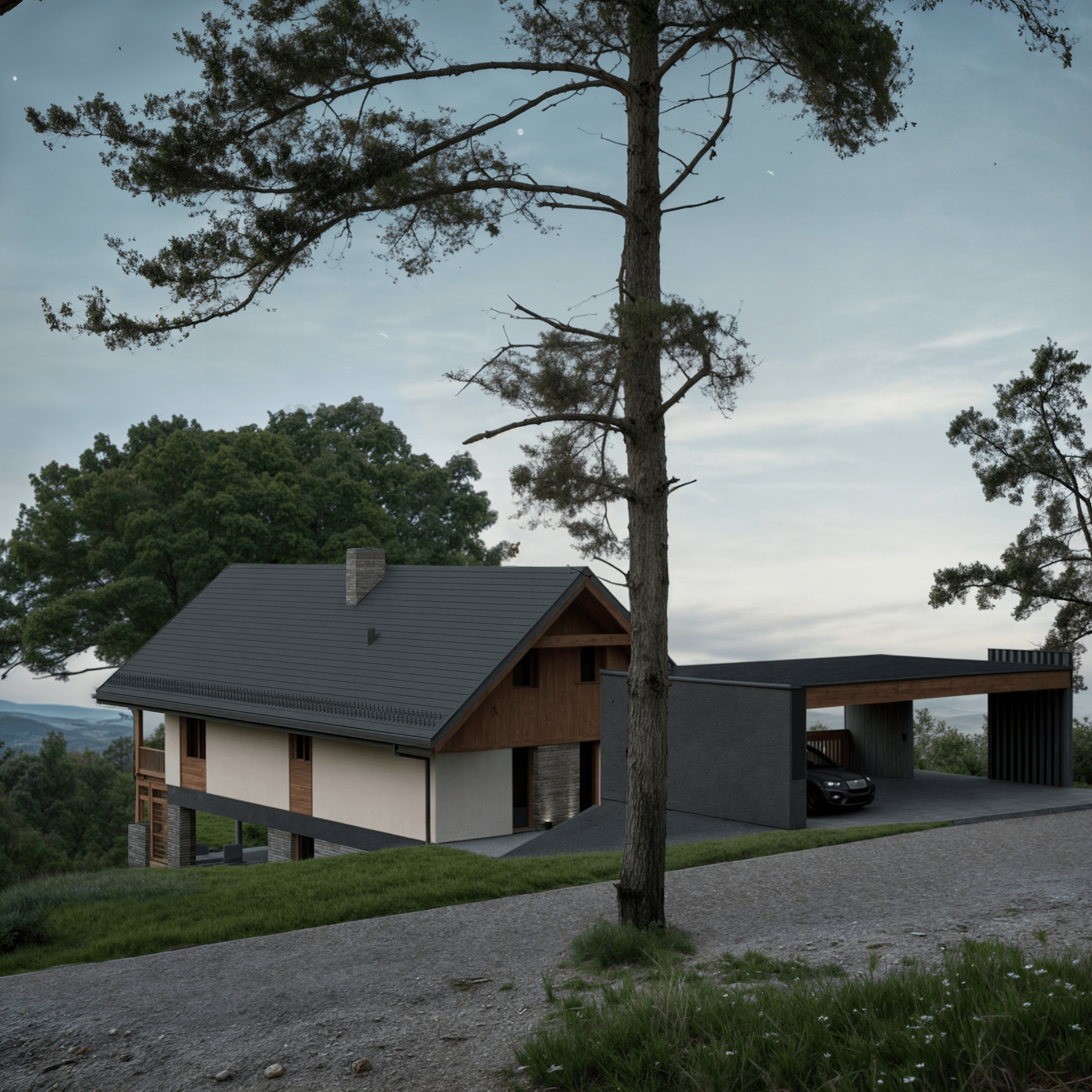 Widok z drogi na nowoczesny dom na wzgórzu z drewnianą elewacją i kamienną podmurówką – projekt 3DK Projekt