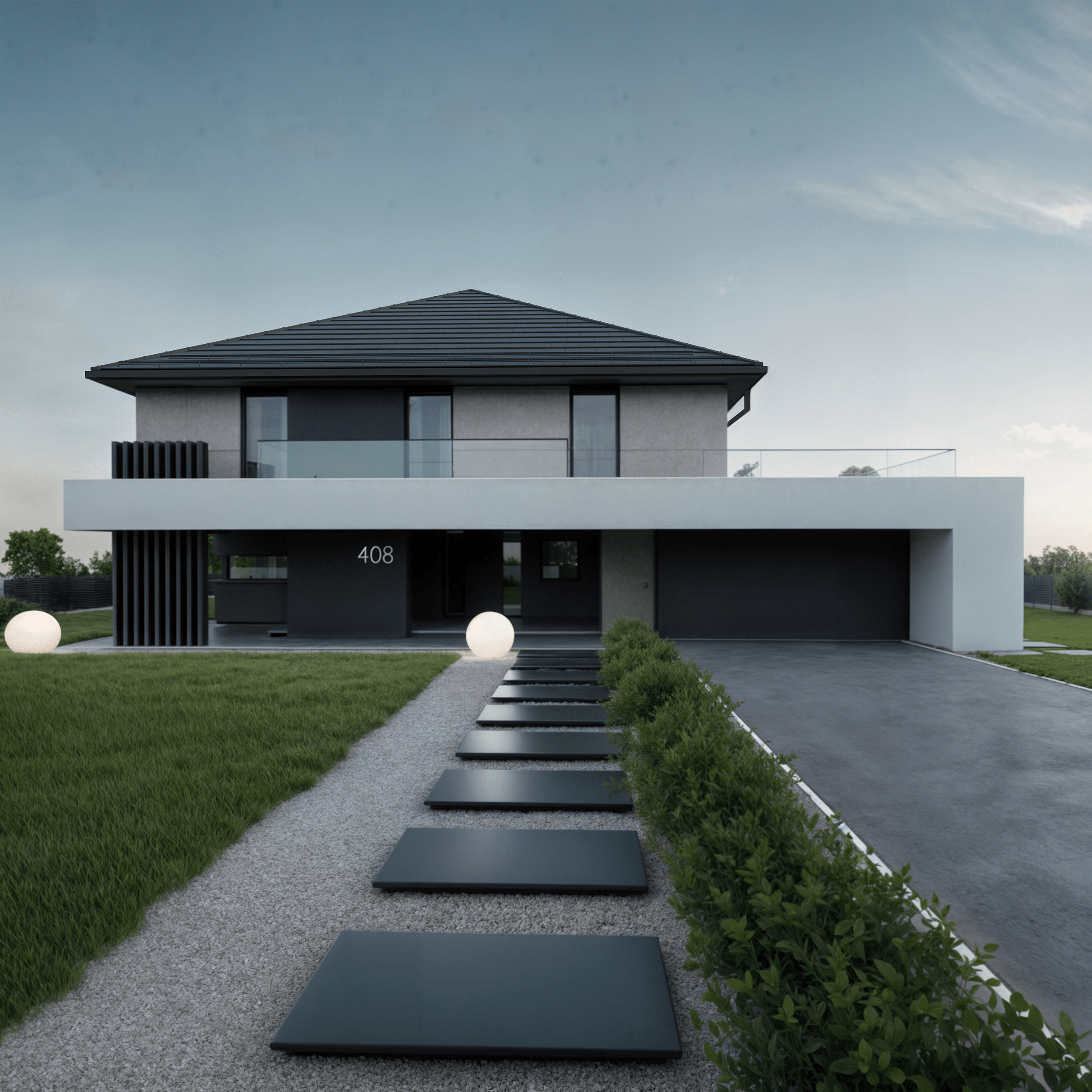 Dom 108 Frame – frontowy widok nowoczesnego domu z balkonem, garażem i minimalistyczną elewacją | 3DK PROJEKT Stary Sącz
