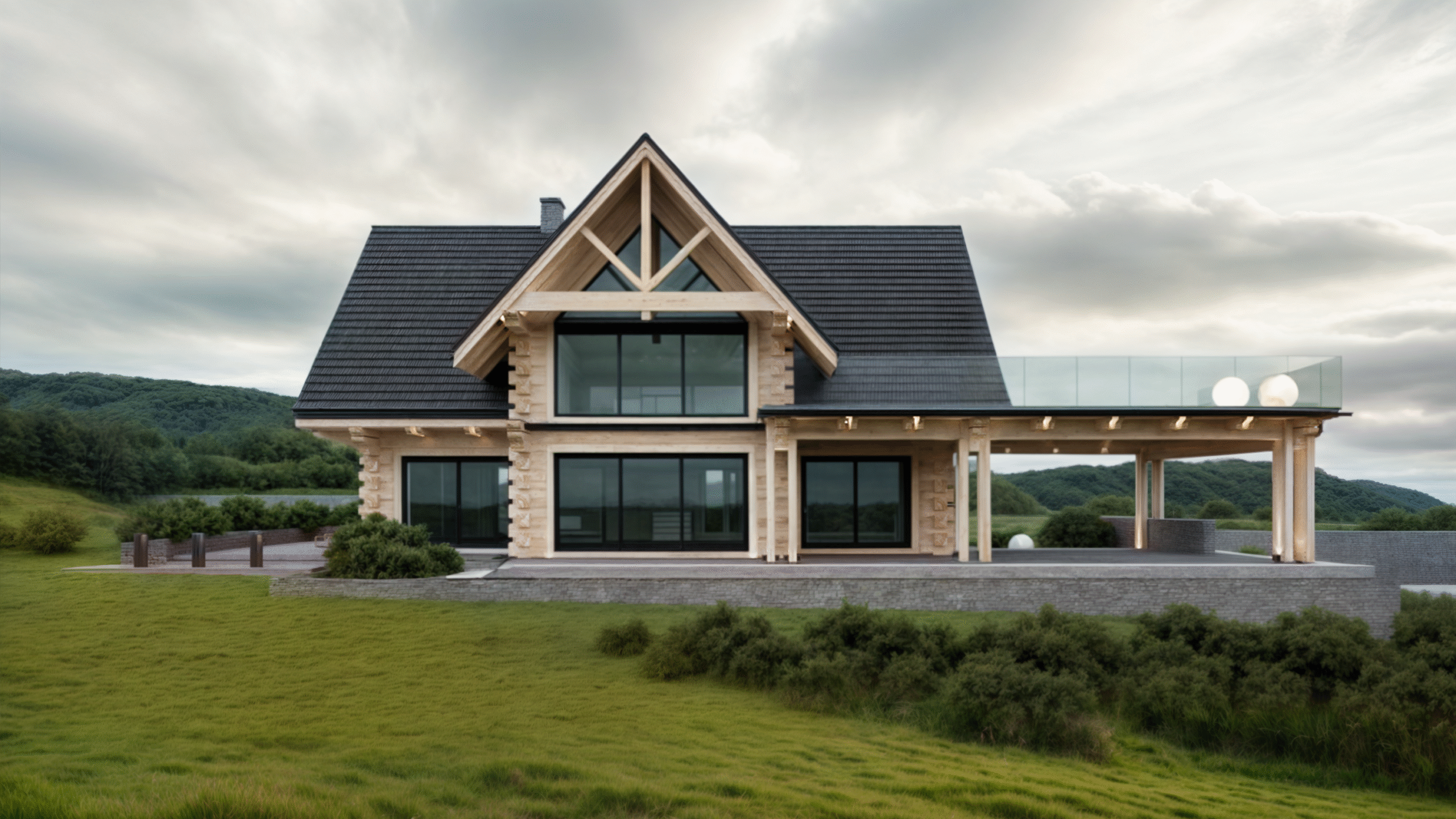 Nowoczesny dom letniskowy z bali Dom 113 Świerk z dużymi przeszkleniami, kamienną podmurówką i tarasem | 3DK PROJEKT Rupniów