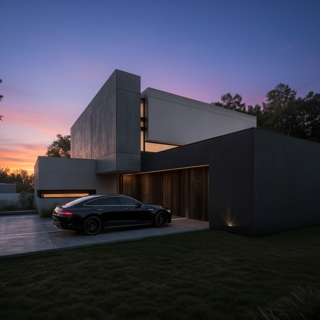 Fotorealistyczna wizualizacja nowoczesnej willi premium w Krakowie z elewacją z betonu architektonicznego i drewna - projekt 3DK Projekt